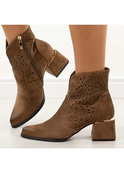 Brązowe ażurowe botki damskie na obcasie Potocki 12357 ze sklepu suzana.pl w kategorii Botki - zdjęcie 189102711