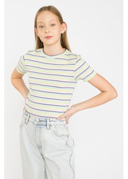 Żółty pastelowy t-shirt w paski, Rozmiar - 140, Kolor - Multikolor ze sklepu REPORTER w kategorii Bluzki dziewczęce - zdjęcie 189105341