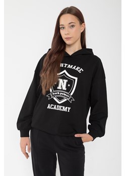 Czarna bluza dresowa ovsersize z kapturem i nadrukami, Rozmiar - 140, Kolor - Czarny ze sklepu REPORTER w kategorii Bluzy dziewczęce - zdjęcie 189106172