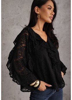 Czarna Koronkowa Bluzka z Falbankami Sewrana ze sklepu renee.pl w kategorii Bluzki damskie - zdjęcie 189111761
