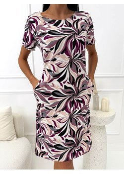 Beżowa Prosta Sukienka w Fioletowy Wzór ze sklepu ModnaKiecka.pl w kategorii Sukienki - zdjęcie 189120820