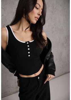 Czarny Prążkowany Top z Bawełny Ozdobiony Guzikami przy Dekolcie Beralissa ze sklepu renee.pl w kategorii Bluzki damskie - zdjęcie 189128443