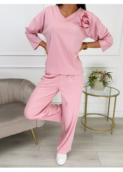 Pudrowy Komplet Bluzka z Ozdobą + Spodnie ze sklepu ModnaKiecka.pl w kategorii Komplety i garnitury damskie - zdjęcie 189143000