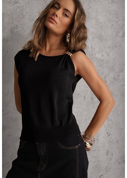 Czarna Wiskozowa Bluzka Bez Rękawów z Dzianiny Zdobiona Metaliczną Aplikacją Alutina ze sklepu renee.pl w kategorii Bluzki damskie - zdjęcie 189159990