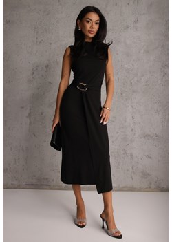 Czarna Dopasowana Sukienka Elegancka z Aplikacją w Talii Corope ze sklepu renee.pl w kategorii Sukienki - zdjęcie 189160014