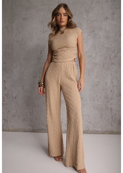 Beżowy Komplet Spodnie Wide Leg i Top ze Stójką i Drapowaniem w Talii Meridone ze sklepu renee.pl w kategorii Komplety i garnitury damskie - zdjęcie 189160051