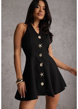 Czarna Sukienka Taliowana Rozkloszowana z Ozdobnymi Złotymi Guzikami i Wiązaniem na Szyi Argica ze sklepu renee.pl w kategorii Sukienki - zdjęcie 189171642