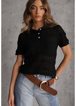 Czarna Wiskozowa Bluzka z Szydełkowym Wzorem Kołnierzykiem i Guzikami Lasthythia ze sklepu renee.pl w kategorii Bluzki damskie - zdjęcie 189171650