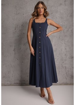 Granatowa Sukienka Rozkloszowana z Wiskozą i Bawełną Ozdobiona Guzikami Nikippe ze sklepu renee.pl w kategorii Sukienki - zdjęcie 189171692