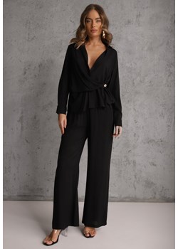 Czarny Komplet z Wiskozy Spodnie Szerokie i Koszula z Ozdobnym Materiałem Airial ze sklepu renee.pl w kategorii Komplety i garnitury damskie - zdjęcie 189171761