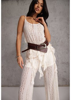 Beżowy Eteryczny Komplet z Koronką i Falbankami Top i Spodnie Wide Leg Pretilaine ze sklepu renee.pl w kategorii Komplety i garnitury damskie - zdjęcie 189171970