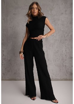 Czarny Komplet Spodnie Wide Leg i Top ze Stójką i Drapowaniem w Talii Meridone ze sklepu renee.pl w kategorii Komplety i garnitury damskie - zdjęcie 189171983