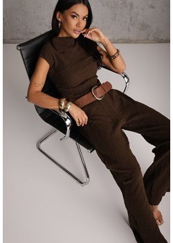 Brązowy Komplet Spodnie Wide Leg i Top ze Stójką i Drapowaniem w Talii Meridone ze sklepu renee.pl w kategorii Komplety i garnitury damskie - zdjęcie 189172124