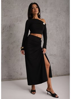 Czarny Komplet Spódnica i Longsleeve Zdobione Marszczeniami i Aplikacjami  Bervessa ze sklepu renee.pl w kategorii Komplety i garnitury damskie - zdjęcie 189172143