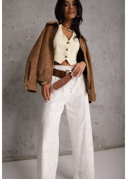 Białe Ażurowe Spodnie Wide Leg z Bawełny w Rustykalnym Stylu z Haftem Elladith ze sklepu renee.pl w kategorii Spodnie damskie - zdjęcie 189172151