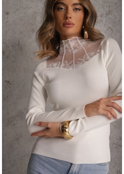 Biały Sweter z Półgolfem z Wiskozą o Dopasowanym Kroju Zdobiony Koronką Oceanus ze sklepu renee.pl w kategorii Swetry damskie - zdjęcie 189207110