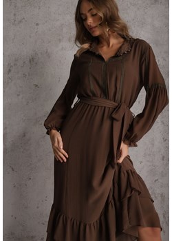 Brązowa Sukienka Boho z Paskiem Guzikami i Falbanami Nevinete ze sklepu renee.pl w kategorii Sukienki - zdjęcie 189223984