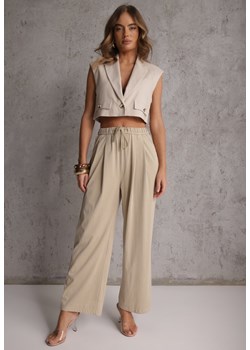 Beżowe Szerokie Spodnie Wiskozą Bawełną i Elastyczną Talią ze  Sznurkiem Arkinae ze sklepu renee.pl w kategorii Spodnie damskie - zdjęcie 189223992