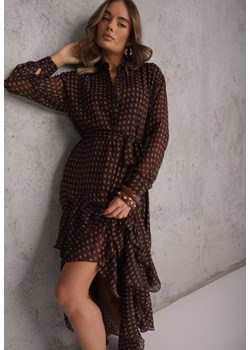 Brązowa Sukienka o Koszulowym Kroju z Przedłużonym Tyłem i Falbanami Savarinna ze sklepu renee.pl w kategorii Sukienki - zdjęcie 189224034