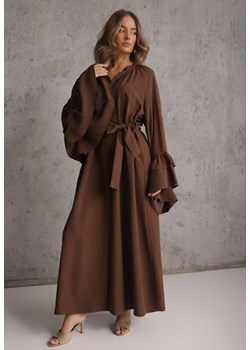 Brązowa Koszulowa Sukienka z Wiskozy Ozdobiona Paskiem i Falbanami Tinethra ze sklepu renee.pl w kategorii Sukienki - zdjęcie 189224042