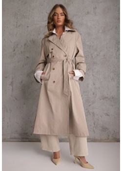 Beżowy Płaszcz Trencz z Bawełny i Wiskozy z Wiązanym Paskiem i Klapą Lissien ze sklepu renee.pl w kategorii Płaszcze damskie - zdjęcie 189224074