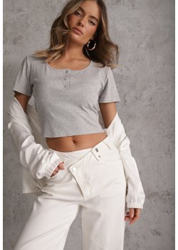 Szary Top z Bawełny Ozdobiony Guzikami przy Dekolcie Nediva ze sklepu renee.pl w kategorii Bluzki damskie - zdjęcie 189224114