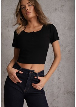 Czarny Top z Bawełny Ozdobiony Guzikami przy Dekolcie Nediva ze sklepu renee.pl w kategorii Bluzki damskie - zdjęcie 189224122