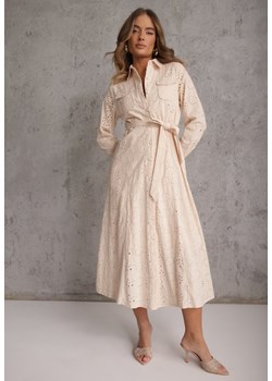 Beżowa Ażurowa Sukienka z Bawełny Ozdobiona Paskiem Novenelle ze sklepu renee.pl w kategorii Sukienki - zdjęcie 189226863