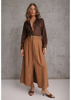 Brązowa Rozkloszowana Spódnica z Wiskozy Zdobiona Rozcięciem i Paskiem Urilia ze sklepu renee.pl w kategorii Spódnice - zdjęcie 189226954