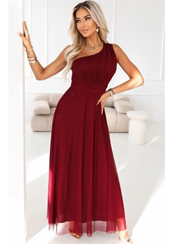 Długa błyszcząca suknia wieczorowa na jedno ramię burgundowa 656-1, Kolor burgund, Rozmiar one size, NUMOCO BASIC ze sklepu Primodo w kategorii Sukienki - zdjęcie 189239780