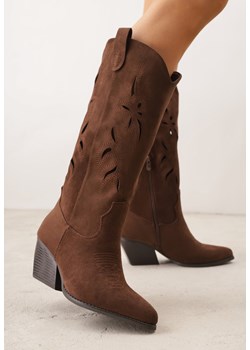 Brązowe Kozaki Kowbojki na Stożkowym Obcasie z Ażurową Cholewką Tidanna ze sklepu born2be.pl w kategorii Kozaki damskie - zdjęcie 189258761