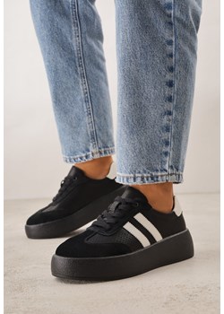 Czarne Skórzane Sneakersy na Grubej Podeszwie Ozdobione  Paskami i Perforacją Wiefia ze sklepu born2be.pl w kategorii Buty sportowe damskie - zdjęcie 189258860