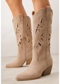 Ciemnobeżowe Ażurowe Kozaki Kowbojki na Obcasie typu Stożek Tidrina ze sklepu renee.pl w kategorii Kozaki damskie - zdjęcie 189260262