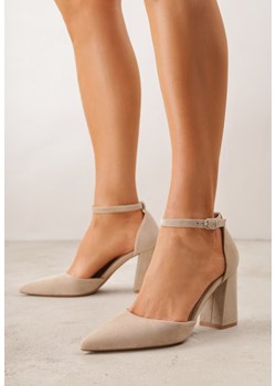 Ciemnobeżowe Czółenka z Imitacji Zamszu na Słupkowym Obcasie ze Szpiczastym Noskiem Hadina ze sklepu renee.pl w kategorii Czółenka - zdjęcie 189269982