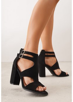Czarne Sandały na Wysokim Słupku z Perforacją z Imitacji Zamszu Meeyah ze sklepu renee.pl w kategorii Sandały damskie - zdjęcie 189303782