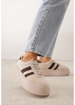 Beżowe Skórzane Sneakersy na Grubej Podeszwie z Geometrycznym Wzorem Rivimi ze sklepu born2be.pl w kategorii Buty sportowe damskie - zdjęcie 189308354