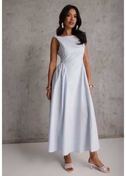 Jasnoniebieska Rozkloszowana Sukienka Koktajlowa z Bawełny z Dekoltem Łódką i Kieszeniami Fanilra ze sklepu renee.pl w kategorii Sukienki - zdjęcie 189309110