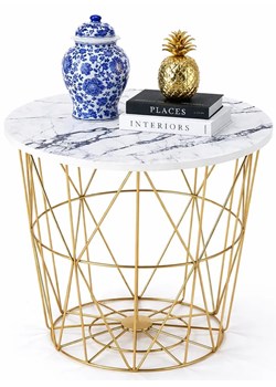 Biało - złoty druciany stolik kawowy z marmurkowym blatem G7-R70 ze sklepu Edinos.pl w kategorii Stoliki kawowe - zdjęcie 189392551