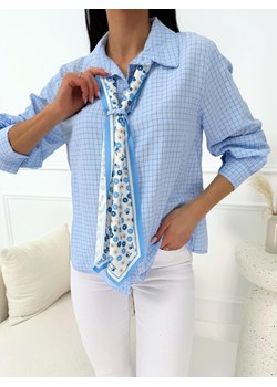 Błękitna Koszula w Kratę z Ozdobnym Krawatem ze sklepu ModnaKiecka.pl w kategorii Koszule damskie - zdjęcie 189406791