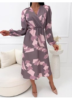 Cappuccino Kopertowa Sukienka Midi w Geometryczny Wzór ze sklepu ModnaKiecka.pl w kategorii Sukienki - zdjęcie 189406801