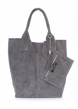 Włoska Torebka Skórzana  Shopper bag Zamsz Naturalny Szara ze sklepu PaniTorbalska w kategorii Torby Shopper bag - zdjęcie 24526082