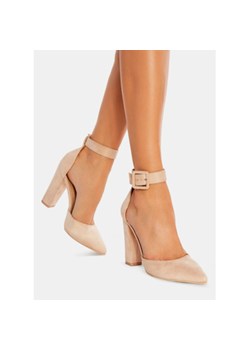 Czółenka DeeZee.pl eleganckie na słupku beżowe bez wzorów na wysokim obcasie 