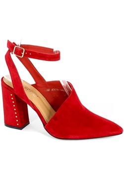 Sandały damskie czerwone Visconi na średnim obcasie na z klamrą gładkie eleganckie 