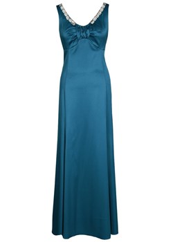 Sukienka niebieska Fokus gładka satynowa maxi na ramiączkach w serek 