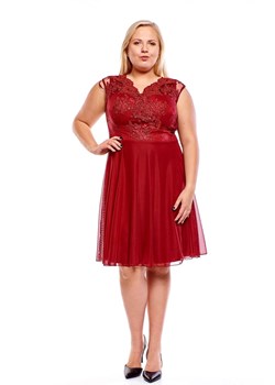 Sukienka czerwona Fokus elegancka z krótkimi rękawami na randkę 