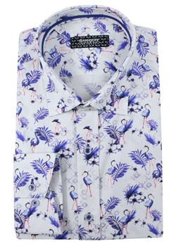Biała Bawełniana Koszula, Długi Rękaw -GRZEGORZ MODA MĘSKA- Taliowana, w Niebieskie Flamingi KSDWGRZEG0013flaming ze sklepu JegoSzafa.pl w kategorii Koszule męskie - zdjęcie 79341352