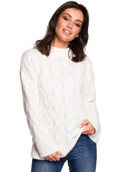 BK038 Sweter ze splotem typu warkocz - ecru ze sklepu Świat Bielizny w kategorii Swetry damskie - zdjęcie 85519364