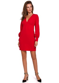 K027 Sukienka z bufiastymi rękawami - czerwona ze sklepu Świat Bielizny w kategorii Sukienki - zdjęcie 85547504