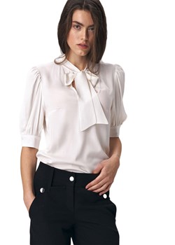 Elegancka bluzka ecru z wiązaniem na dekolcie - B107 ze sklepu Świat Bielizny w kategorii Bluzki damskie - zdjęcie 85556824