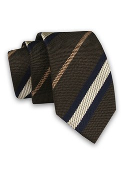 Brązowy Elegancki Męski Krawat -ALTIES- 6cm, Stylowy, Klasyczny, w Biało-Beżowo-Granatowe Paski KRALTS0524 ze sklepu JegoSzafa.pl w kategorii Krawaty - zdjęcie 91829691